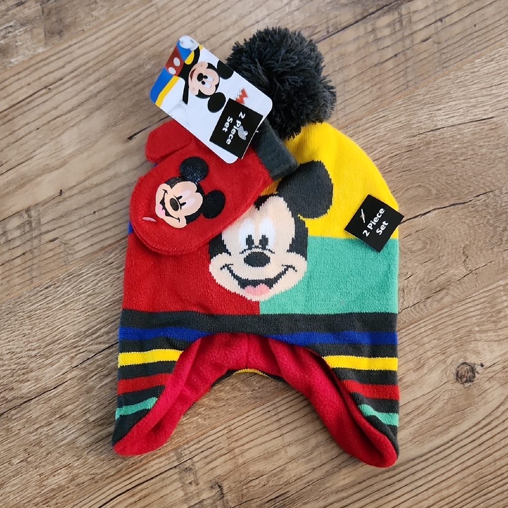 Mickey Mouse Red and Yellow Winter Hat and Mittens Set